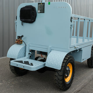 StepRanger Pro 60V in Big Sky Blue — rear step, diamond-plate fenders and MOLLE pouch on the rear panel